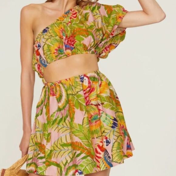 FARM Rio Macaw Leaves Cutout Waist Linen Blend Mini Dress Size S. NWT - Picture 2 of 6